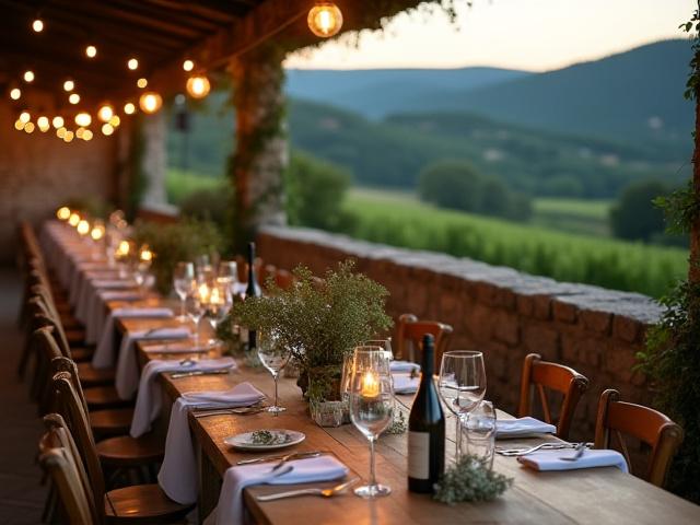 Hangulatos pincészet teraszán rendezett esküvői vacsora