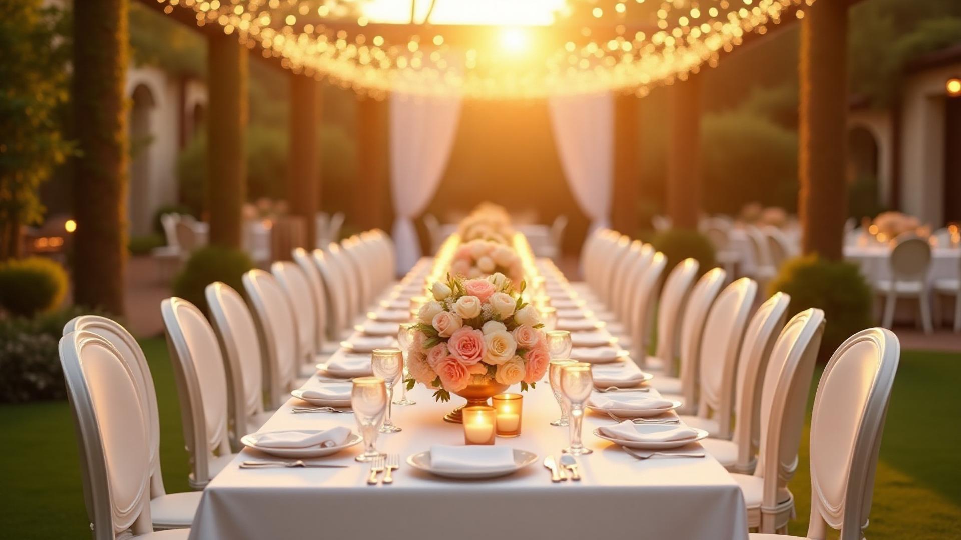 Romantikus esküvői helyszín terített asztallal és virágokkal egy gyönyörű kertben, naplementében