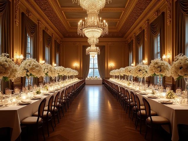 Elegáns bálterem esküvőre előkészítve, csillárral és drapériákkal