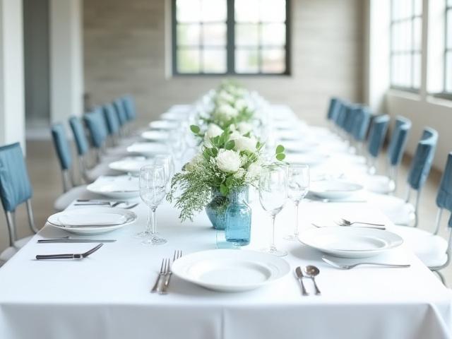 Modern esküvői asztal letisztult dekorációval