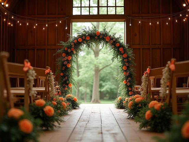 Rusztikus esküvői helyszín szabadtéri ceremóniával, virágokkal és fa elemekkel