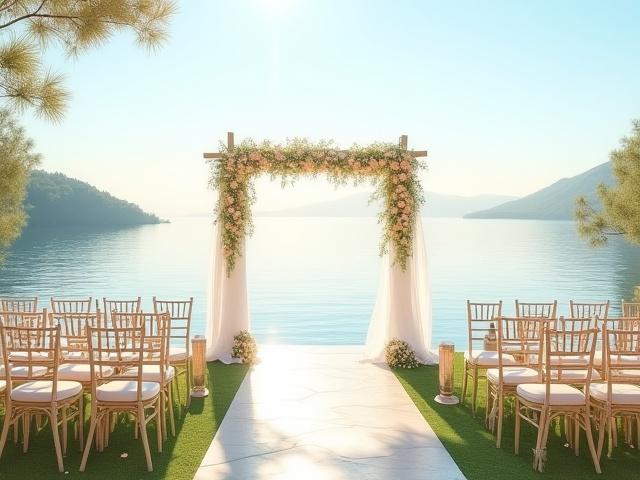 Romantikus vízparti esküvői helyszín naplementében, tóra néző panorámával