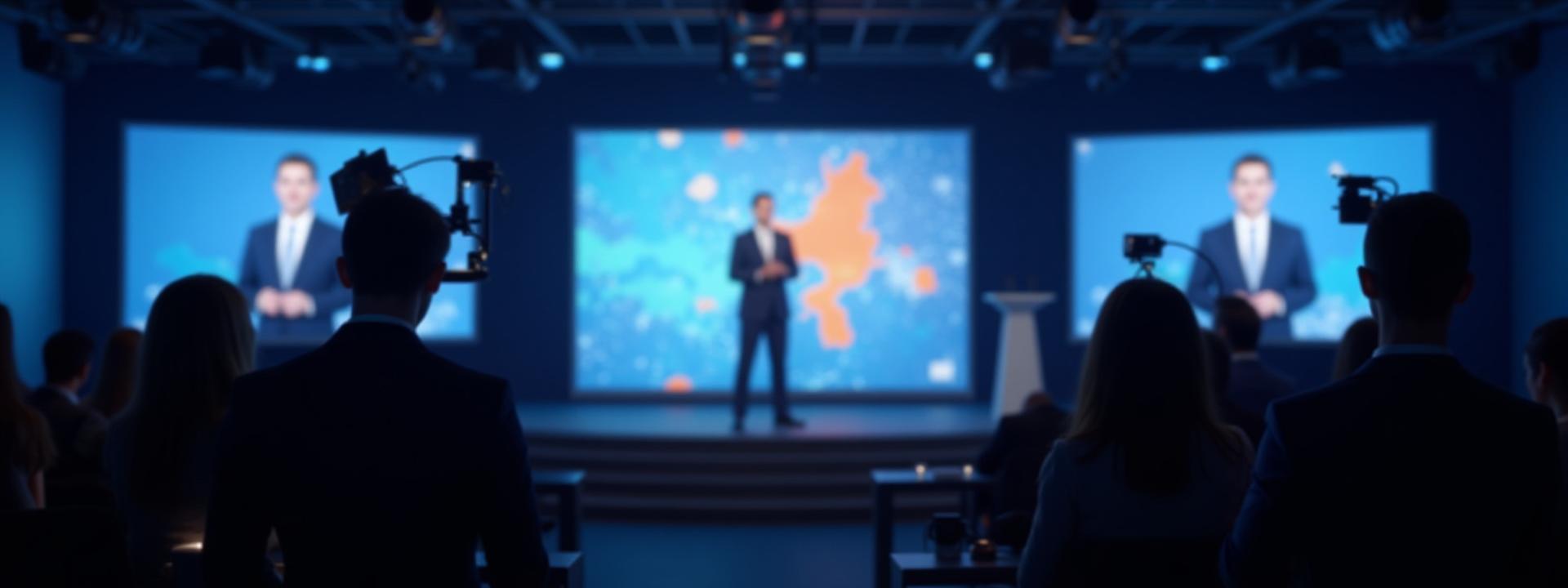 Professzionális stúdióhelyiség HD kamerákkal és online közvetítési felszereléssel, miközben egy előadó prezentál