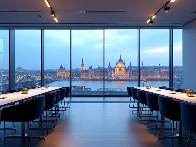 Modern konferenciaterem nagy ablakokkal és panorámával.