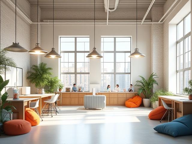 Kreatív workshop tér, világos loft stílusban.