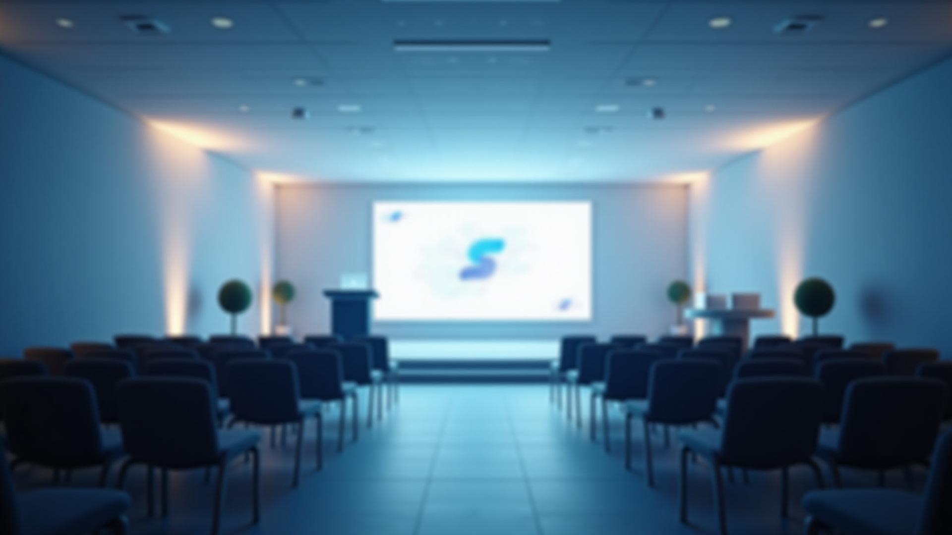 Modern, elegánsan berendezett konferenciaterem, prezentáció előkészítése