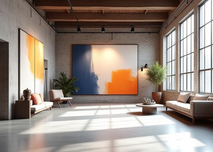 Modern, nyers téglafalas art loft Budapesten, nagyméretű festményekkel és magas mennyezettel.