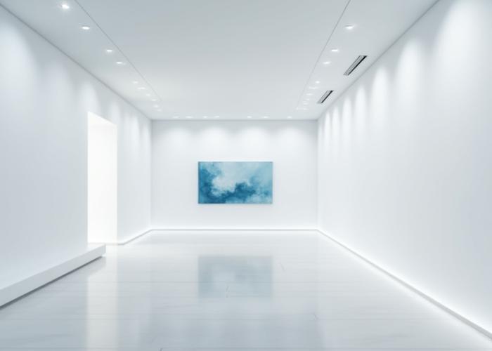 Letisztult, modern művészeti galéria a belvárosban, minimalista kiállított alkotásokkal.