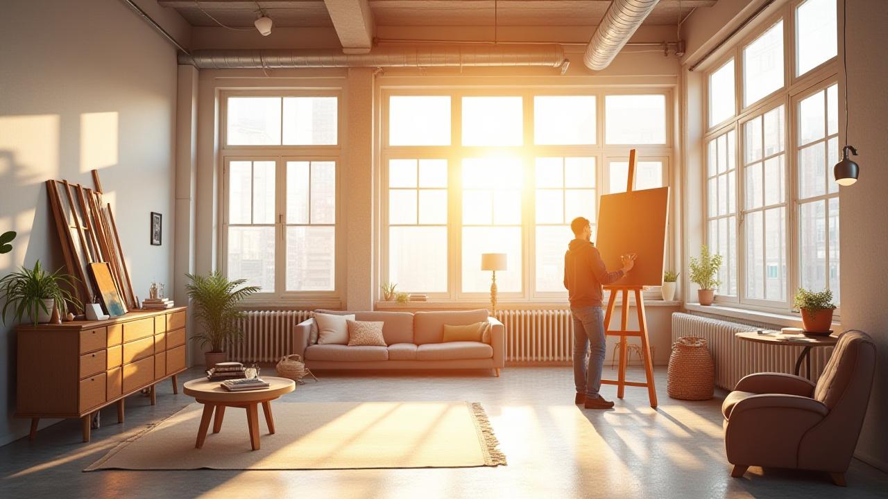 Inspiráló loft tér nagy ablakokkal, tele természetes fénnyel, ahol valaki épp fest.