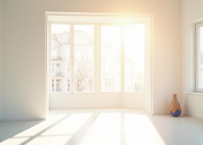 Napfényes stúdió hatalmas ablakokkal Budán, világos berendezéssel, ideális portréfotózáshoz.