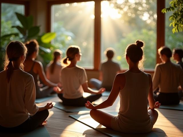 Közösségi jógaóra vagy meditáció egy tágas, nyugodt, növényekkel díszített stúdióban.