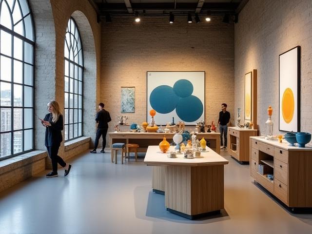 Pop-up bolt fiatal designerek termékeivel egy modern, letisztult loft térben.