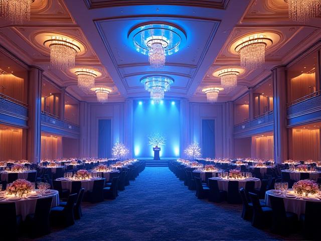 Elegáns bálterem gálavacsorára előkészítve