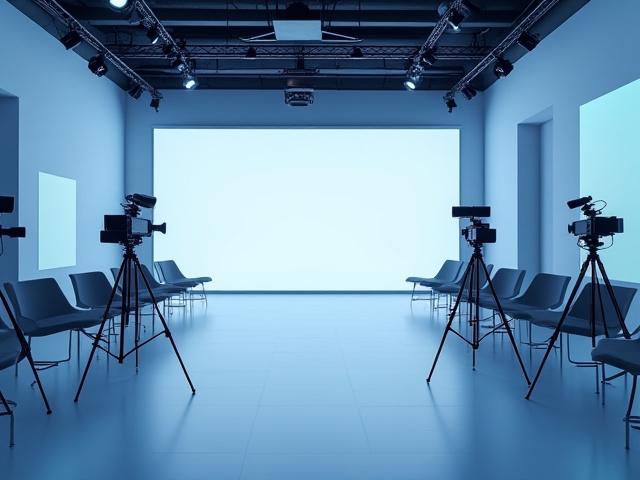 Panorámás stúdió két kamerával és nagyméretű kivetítővel