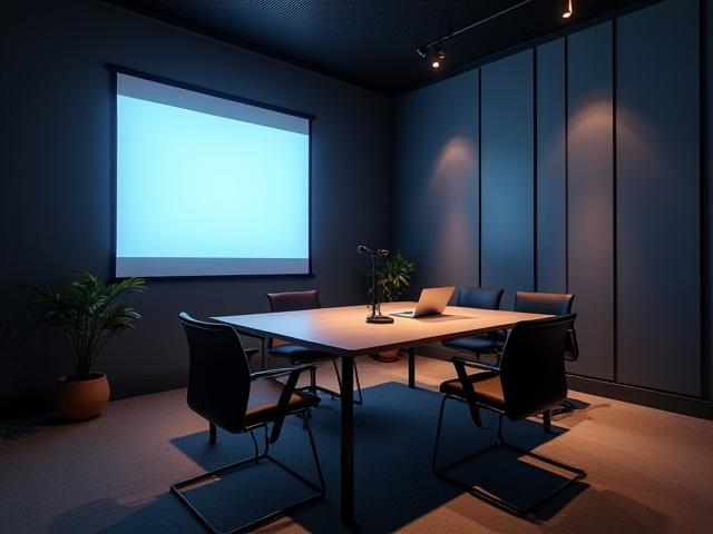 Webinár szoba kényelmes székekkel és kivetítővel