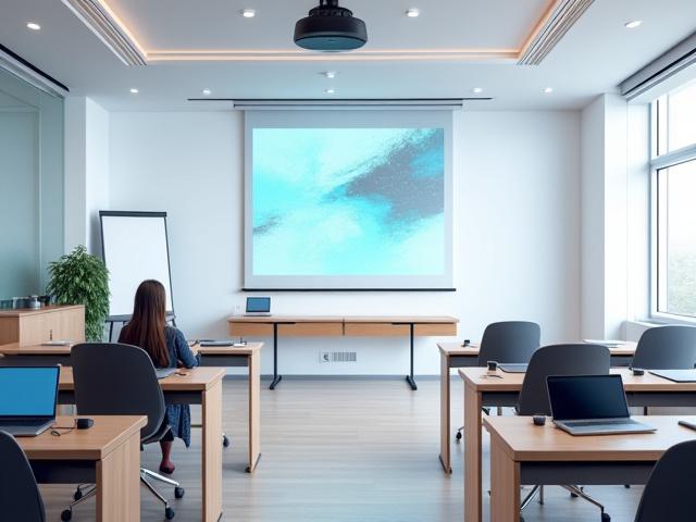 Világos, modern oktatóterem projektorral és laptopokkal