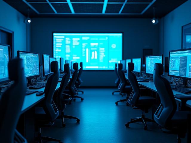 Technikailag felszerelt IT tréningterem több munkaállomással