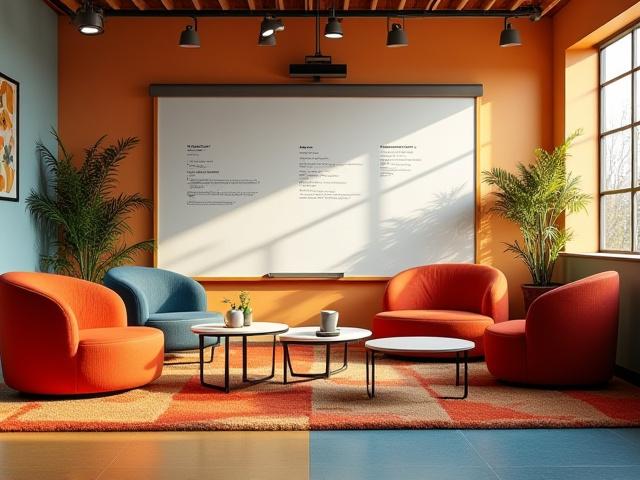 Barátságos, csoportmunkára berendezett terem, kényelmes fotelekkel és flipcharttal