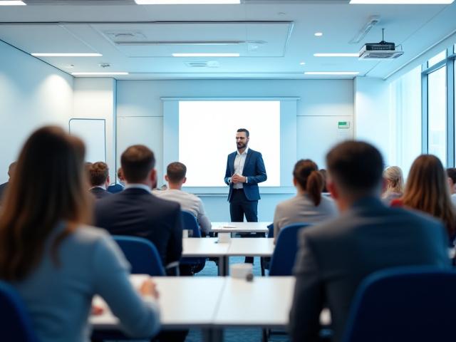 Modern tréningterem résztvevőkkel, akik aktívan jegyzetelnek